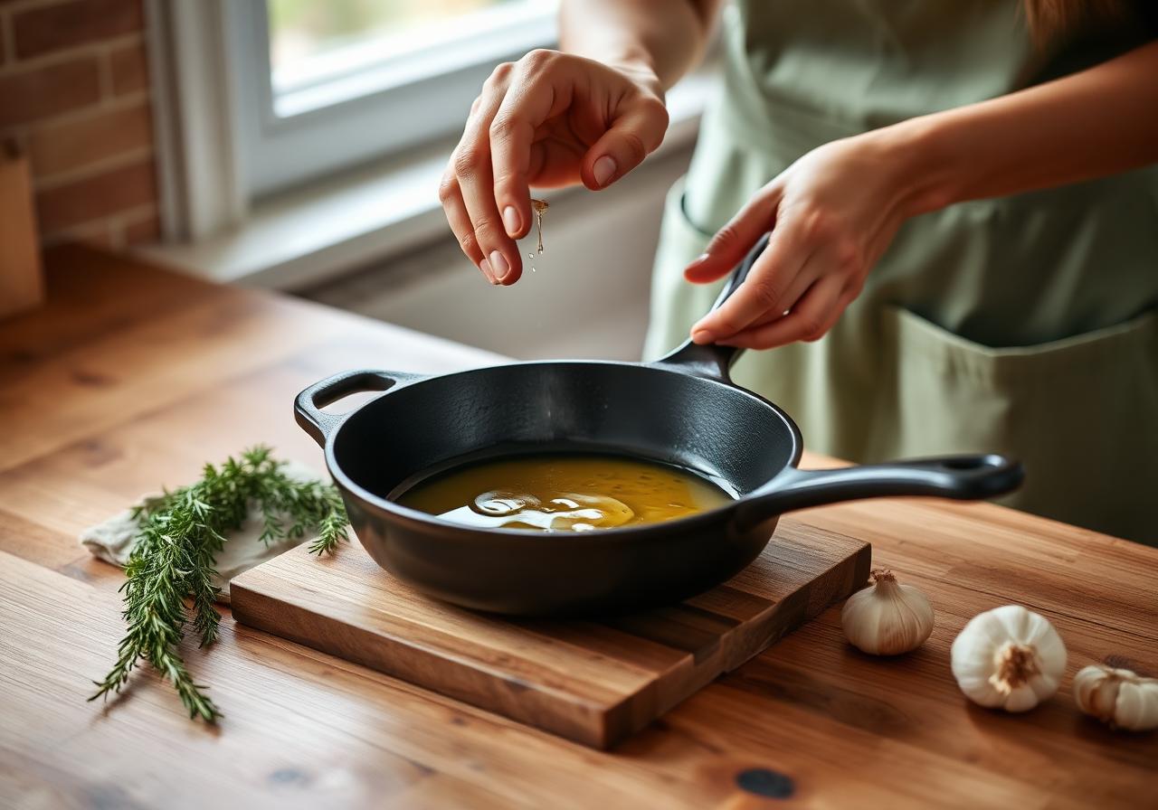 Hands seasoning a cast iron skillet with olive oil in a sunlit kitchen