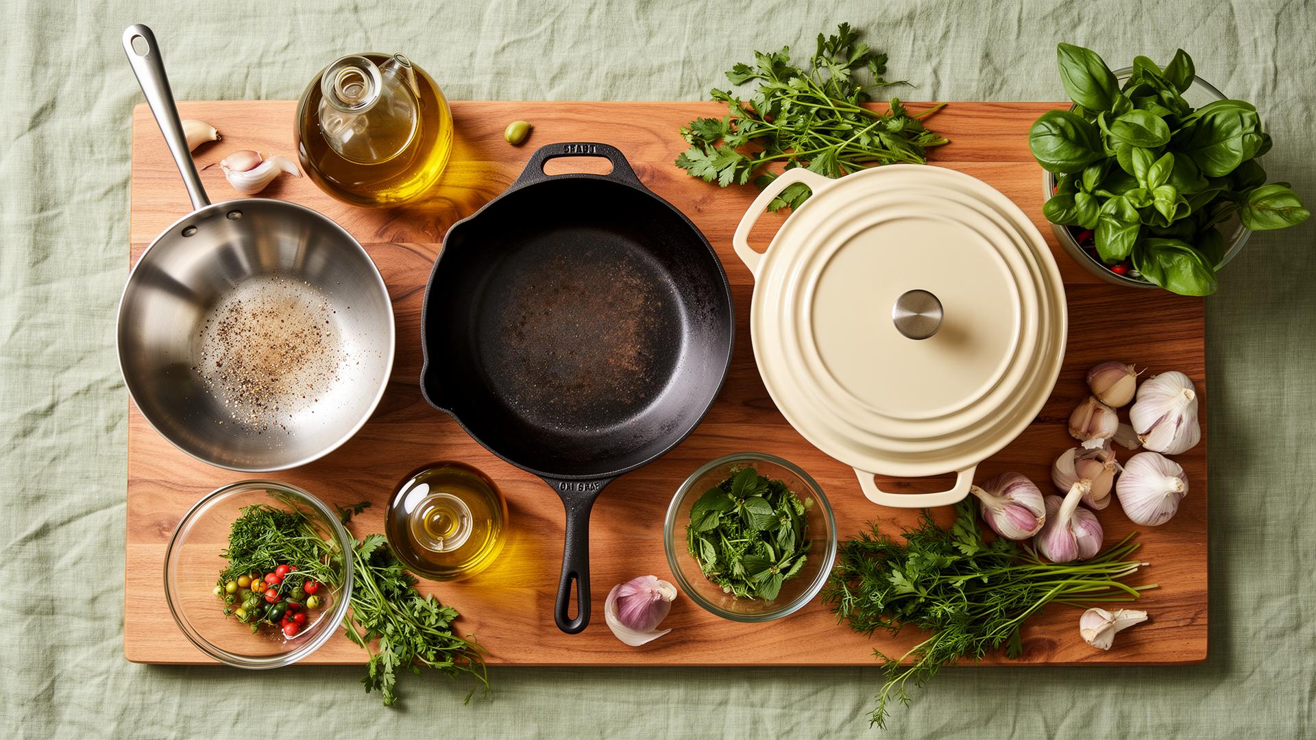 Stainless steel, cast iron and enameled cookware on a wood board with fresh herbs