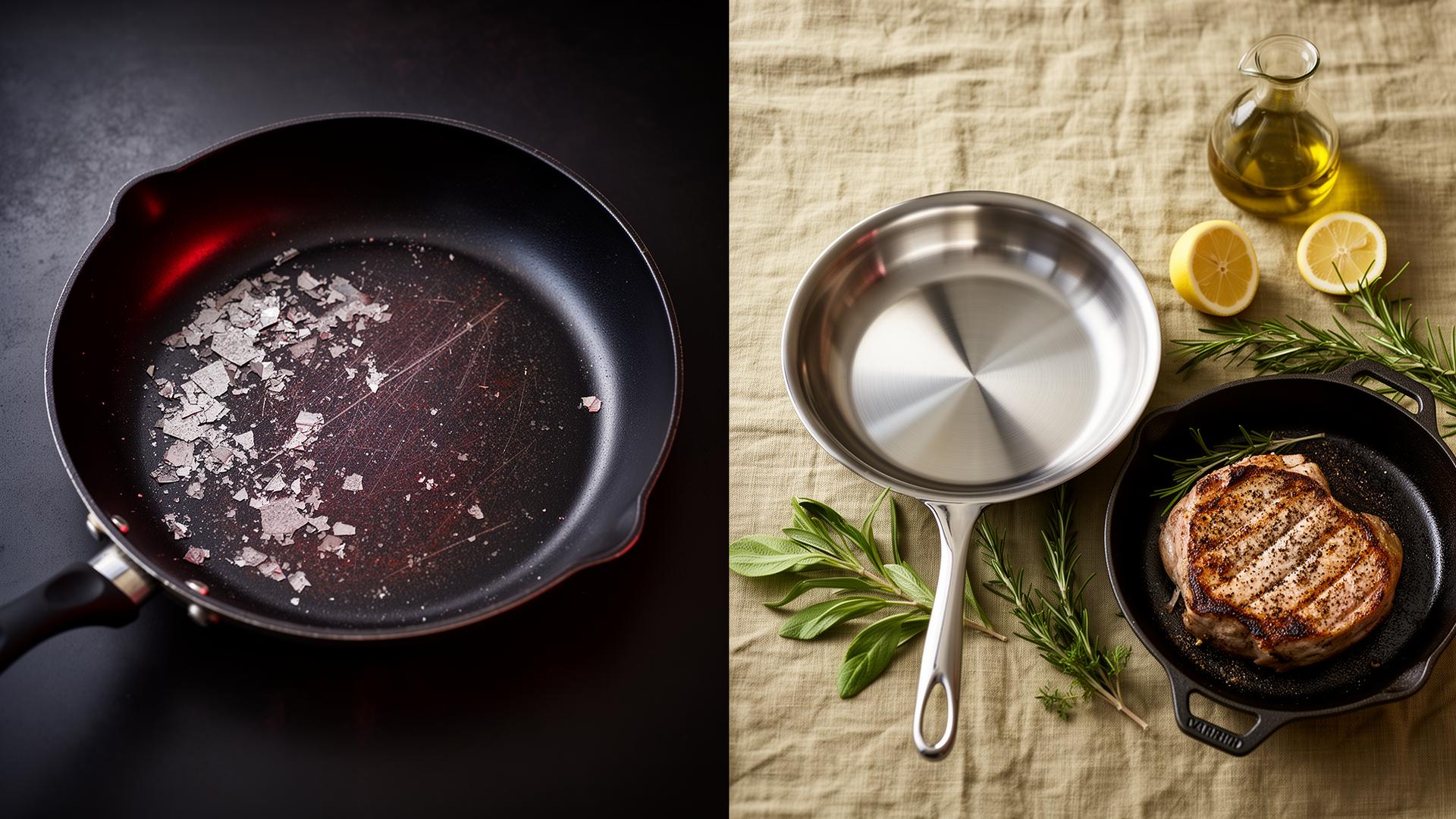 Scratched Teflon nonstick pan beside clean stainless steel and cast iron cookware