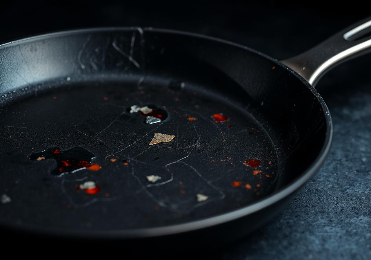 Heavily scratched and flaking black nonstick Teflon pan in moody light